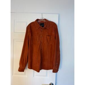 BLANKNYC Mens 100% Goatskin Leather Jacket military shirt jacket in Orange/Rust